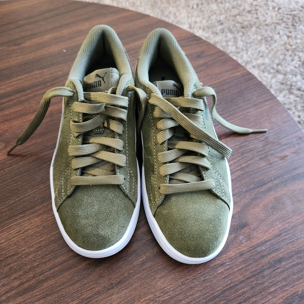 Puma Olive Suede Low-Top Sneakers with White Sole